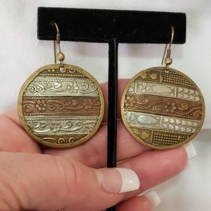 Hammered Detailed Brass Copper Silver Earrings EUC